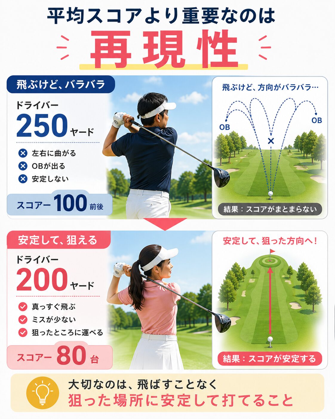 ドライバー250ヤードでもOBが多いとスコア100前後。200ヤードでも真っすぐ安定して打てれば80台を目指せることを比較したイメージ。