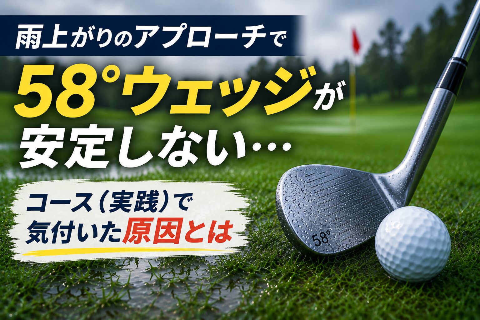 雨上がりのゴルフコースで58°ウェッジとゴルフボールを配置し、実際のラウンドで58°ウェッジのアプローチが安定しなかった原因を検証した記事のファーストビュー画像。