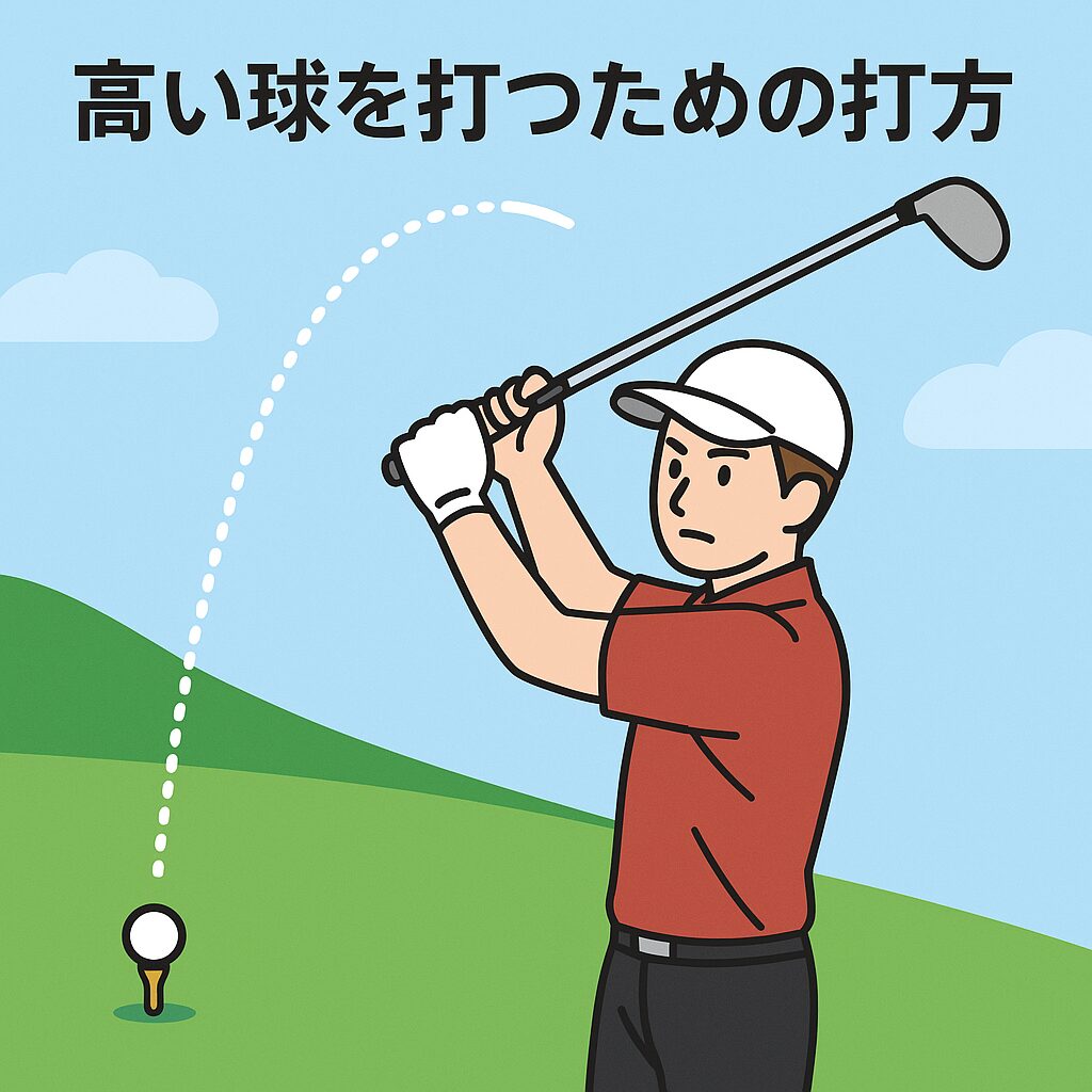 千葉のゴルフ練習場でユーティリティ・・等々を高く上げる打ち方を実践するゴルファーのイラスト