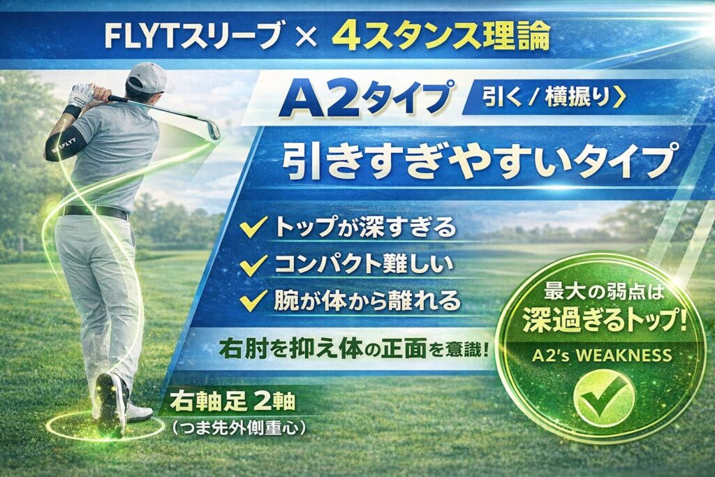 A2タイプ｜引きすぎて形が崩れやすいタイプ

A2タイプは、
体を横に使い、クラブを「引いて振る」動きが得意なタイプです。

その反面、

トップが深くなりすぎる

右肘が体から離れやすい

インパクトで形が崩れやすい

といった傾向があります。

**FLYT Training Sleeve（右腕用）**を使うことで、
右肘の位置が安定し、引きすぎを防止。
体の正面でクラブを扱いやすくなり、
インパクトの再現性と方向性が向上します。

千葉市のインドアゴルフ練習場で、
「振っているのに当たらない」「トップが深くなりすぎる」
と感じているA2タイプに効果的です。