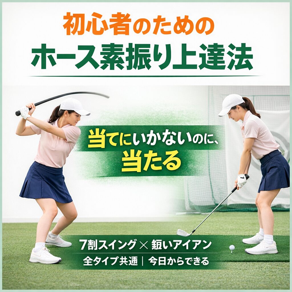 初心者女性がホース素振りと短いアイアン練習を行う様子｜千葉市のインドアゴルフ練習場で7割スイングを身につける上達法