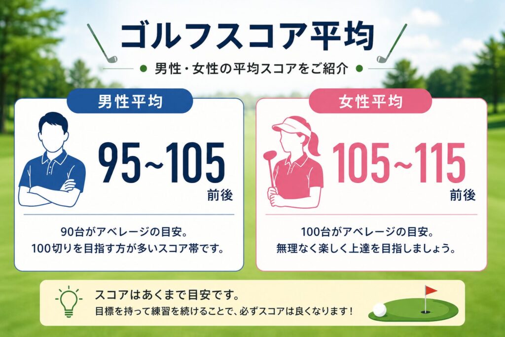 男性と女性のゴルフスコア平均を比較したイメージ。男性95〜105、女性105〜115が目安。