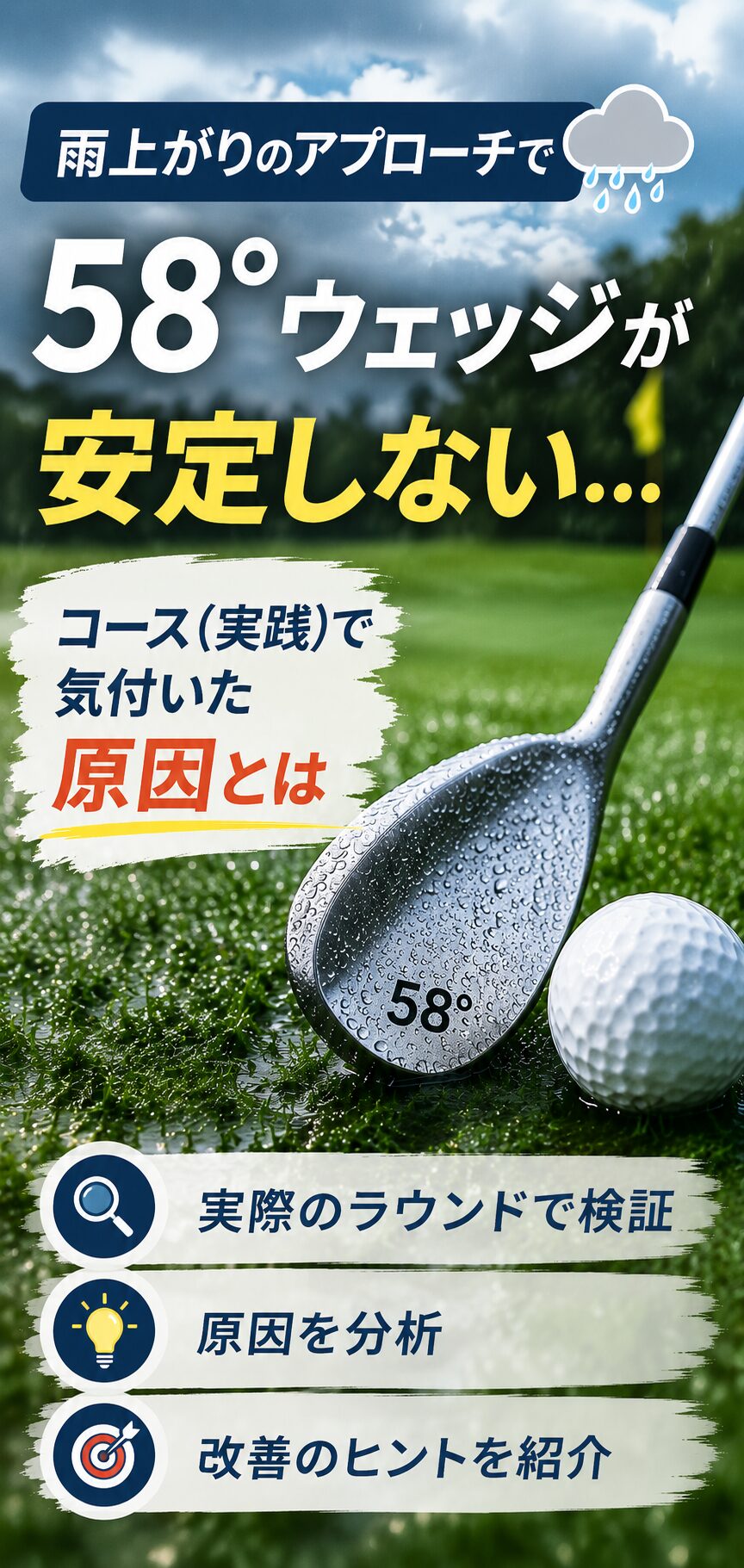 雨上がりのゴルフコースで58°ウェッジとボールを配置し、雨の日のアプローチが安定しない原因を実践ラウンドをもとに検証した記事のアイキャッチ画像。
